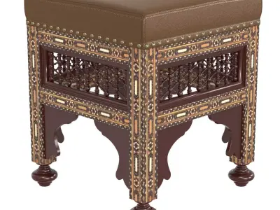 Moroccan Carved and Inlaid Square Upholstered Stool 3D model
