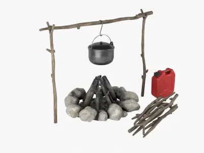 Campfire fire pit with pots and pans Low-poly 3D model