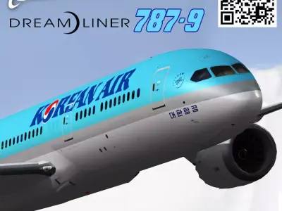 Boeing 787-9 Korean Air livery Low-poly 3D model