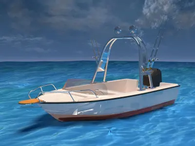 a small motorboat floating on a calm 3D model