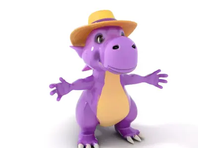 Purple Dinosaur with Straw Hat Rigged and Animated Model Low-poly 3D model