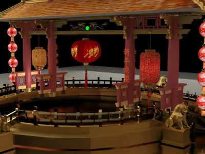 Chinese ancient gate with red lanterns 3D model