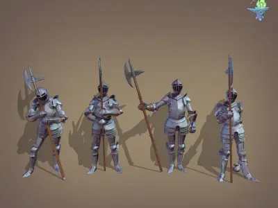 Gosthly Armor with Halberd 4 poses Low-poly 3D model