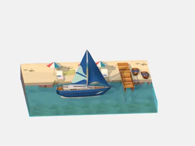 Blue Yacht Scene MotorBoat Blue Low-poly 3D model