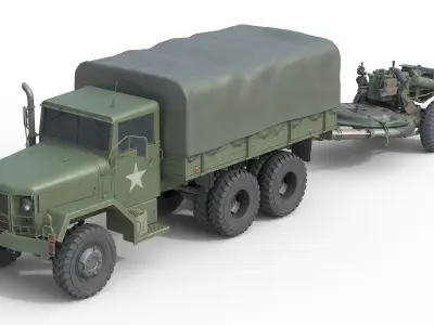 Military Truck m35a2 with Field Howitzer M119 Low-poly 3D model