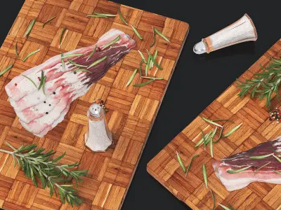 Uncooked Pork Bacon on Cutting Board 3D model