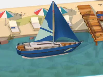 Blue Yacht Scene MotorBoat Blue Low-poly 3D model