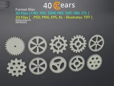 40 Gears 3D-2D Format files Low-poly 3D model