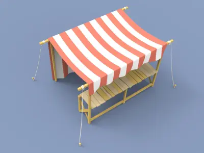 Marketplace table and chairs with striped canopy 3D model