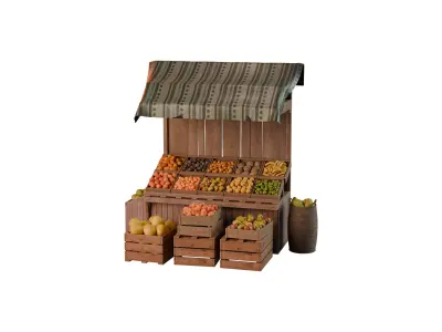  Medieval Fruit Market Model Set of Stalls and Fruits Low-poly 3D model