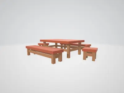 A set of minimalistic table with chairs and benches Low-poly 3D model