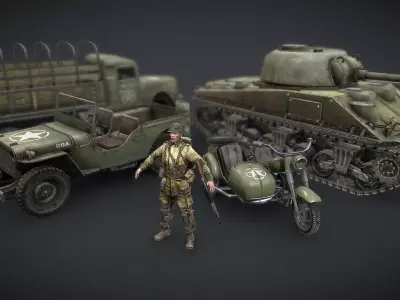 american wwii pack Tanks armored vehicles soldiers motorcycles Low-poly 3D model