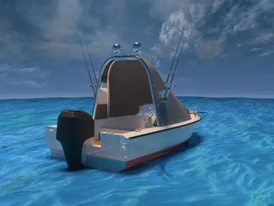 a small motorboat floating on a calm 3D model