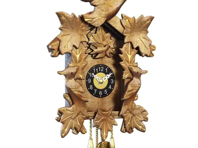 Clock wooden cuckoo with birds and leaves 3D model