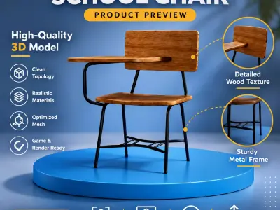 School Chair 3D Model Realistic Classroom Furniture Game Ready Free 3D model