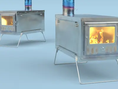 Stainless Steel Tent Stove with Visible Fire Inside 3D model