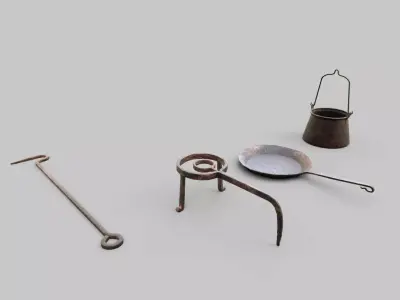 Medieval iron kitchen equipment Low-poly 3D model