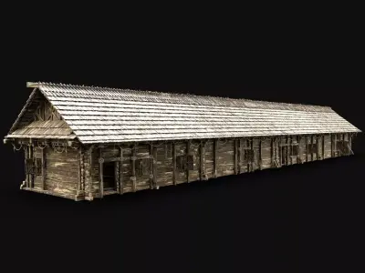 SLAVIC LONG HOUSE HUT FARM SHED BARN COTTAGE MEDIEVAL WOODEN AAA Low-poly 3D model