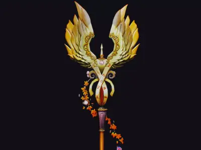 Magical Staff Magic Stick Fantasy Wand Golden Bird Wing Item Low-poly 3D model