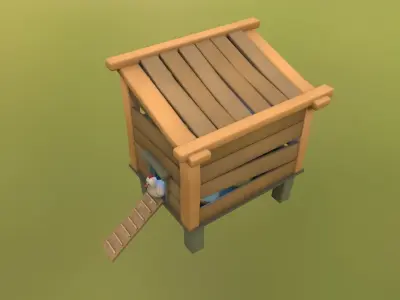 Cartoon Stylized Chicken with Coop Structure Low-poly 3D model