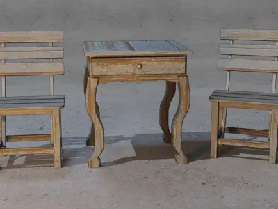 Realistic Old Vintage Wooden Chair and Table 3D model