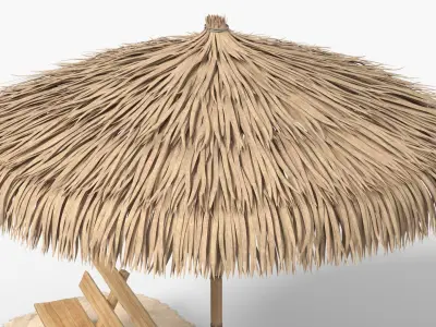 Wooden Bench under Straw Umbrella on Sand 3D model