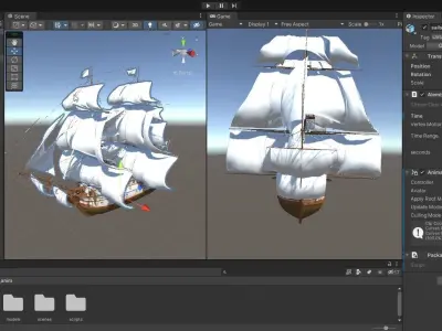 Ship Animated Sail and foam with splashes 3D model