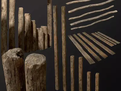 Old Wooden planks poles and beams 26 pieces 3D Model Collection