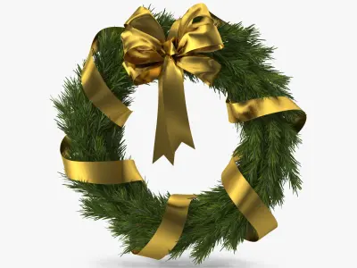 Christmas Wreath with Gold Bow and Ribbon 3D model