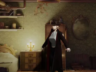 Rigged steam punk character and airship scene 3D model