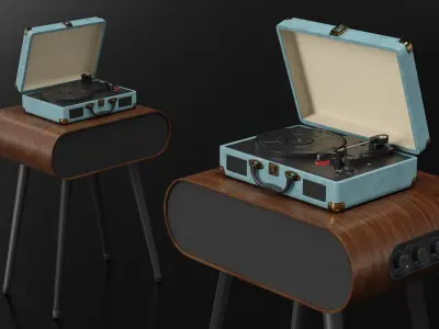 Portable Suitcase Turntable on Wooden Speaker Stand 3D model