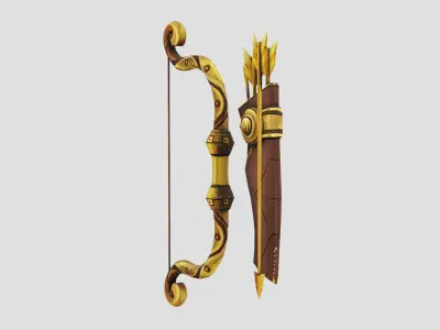Golden Bow Gold Arrow Brown Leather Quiver Lowpoly Weapons Low-poly 3D model