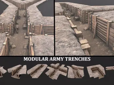 Modular Low Poly PBR Army Trenches Low-poly 3D model
