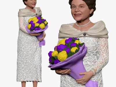 001268 smiling old woman in white dress and flowers 3D model