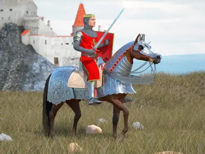 Knight King on Horseback in Armor Fur 3D model purchase
