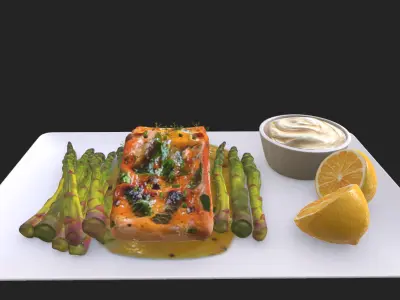Greek Marinated Salmon Steak with Asparagus Low Low-poly 3D model