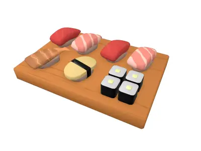 Sushi on wooden cutting board Low-poly 3D model