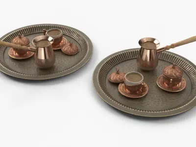 Turkish Embossed Coffee Cups and Cezve on Serving Tray 3D model