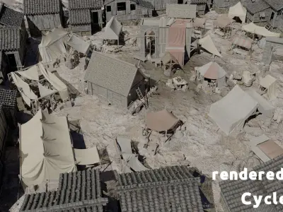 Highly detailed busy medieval town square with market stalls Low-poly 3D model