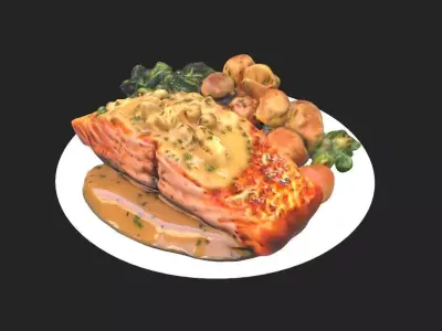 Salmon  with Crispy Potatoes and  Broccolis Low-poly 3D model
