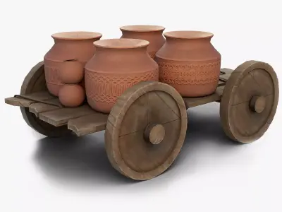 Wooden Cart With Pots Low-poly 3D model