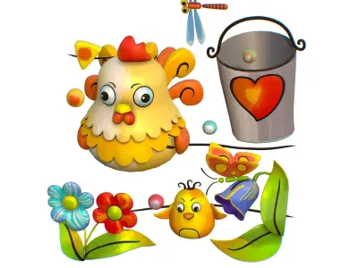 Cartoon 3D illustration Farm Scene Chicken Chick Low-poly 3D model