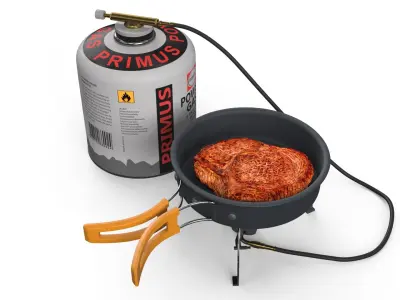 Camping Frying Pan with Steak on Gas Burner 3D model