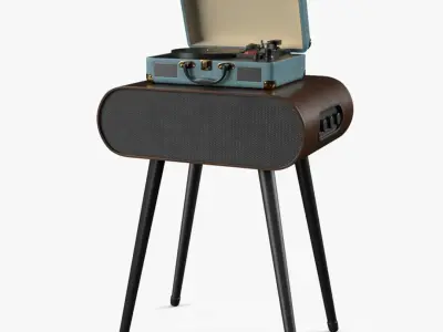 Portable Suitcase Turntable on Wooden Speaker Stand 3D model
