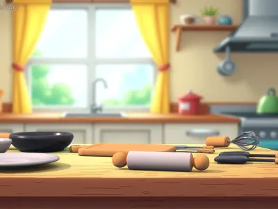 Cartoon Cooking Utensil Set with Board and Pan 3D model