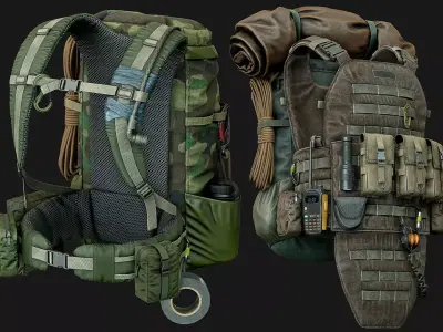 Vest backpacks Bags Pouches and Survival Kits Low-poly 3D model