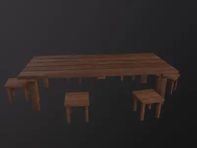 Wooden Tavern Table and Chairs 3D Model Low-poly 3D model