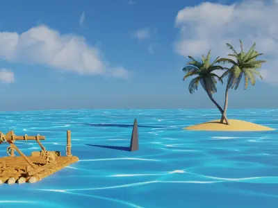 3D low poly game raft scene and landscape model Low-poly 3D model