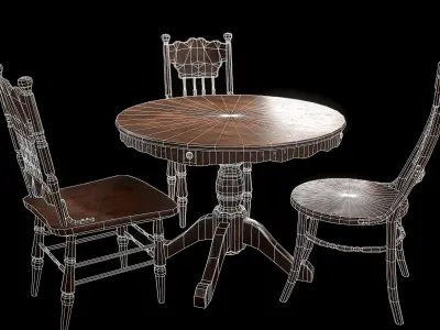 Old Wooden Table And Chairs Free low-poly 3D model