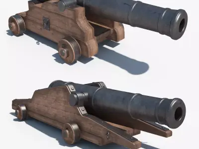 Cannons Set cannon on wooden platform 3D model